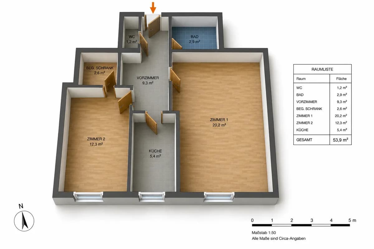 2-Zimmer-Wohnung mieten in Wien – 54 m², € 1.100