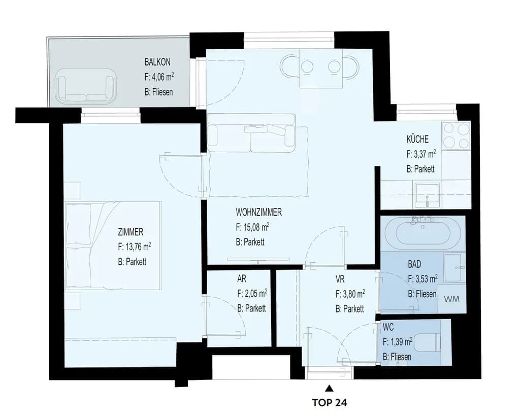 2-Zimmer-Wohnung mieten in Wien – 43 m², € 1.000 – Bild 10 von 10