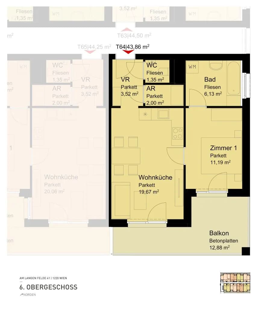2-Zimmer-Wohnung mieten in Wien – 43,86 m², € 800