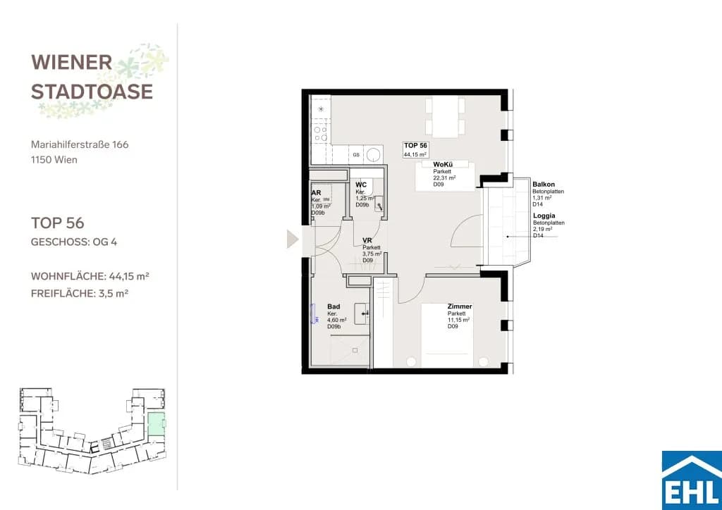 2-Zimmer-Wohnung mieten in Wien – 44,15 m², € 1.115 – Bild 13 von 13