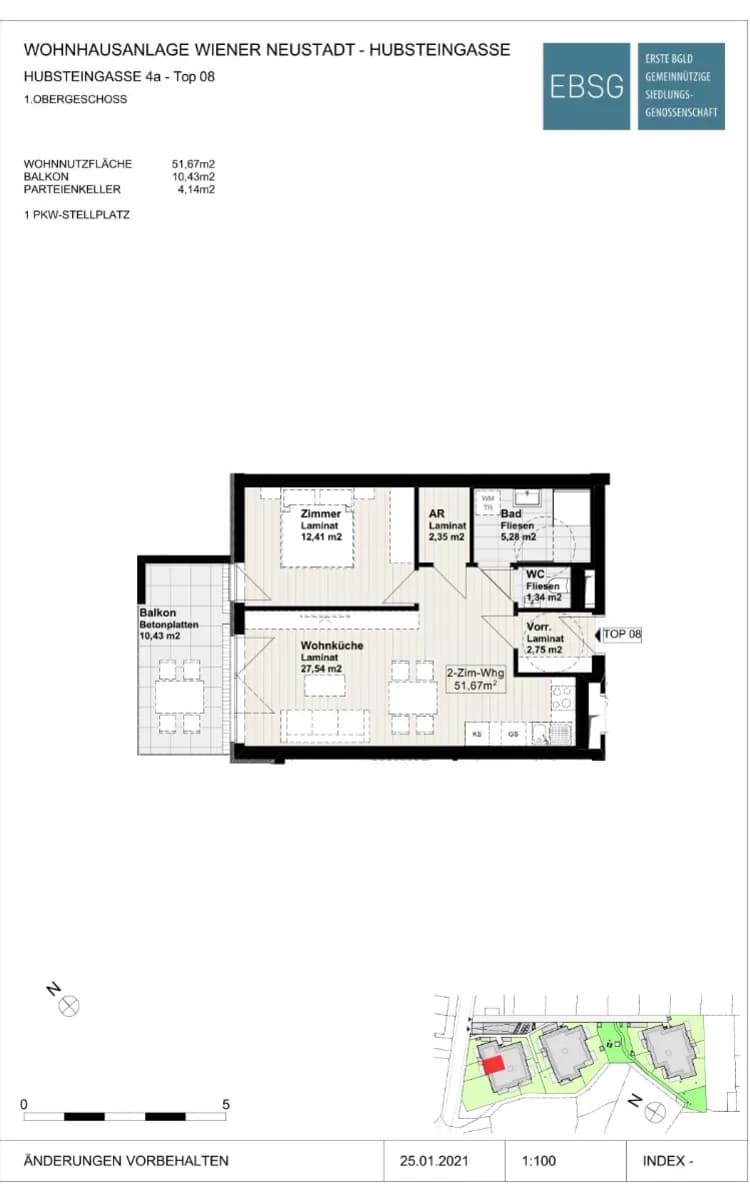 2-Zimmer-Wohnung mieten in Wiener Neustadt – 51,59 m², € 697 – Bild 2 von 5