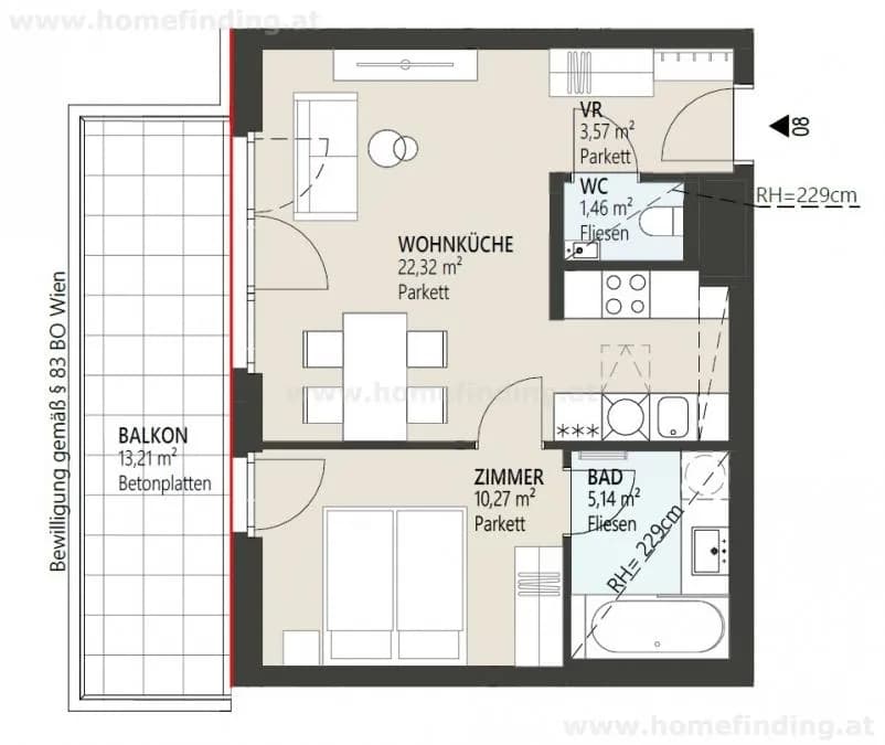 2-Zimmer-Wohnung mieten in Wien – 42,76 m², € 1.229 – Bild 9 von 9