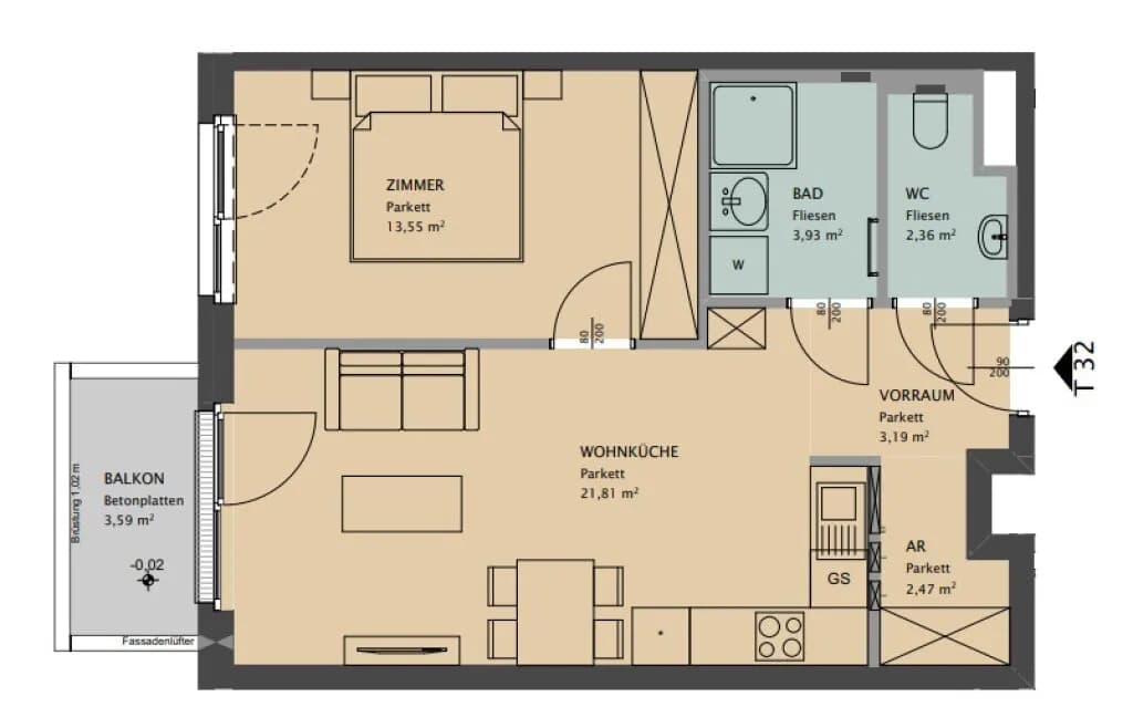 2-Zimmer-Wohnung mieten in Wien – 47 m², € 969 – Bild 10 von 10