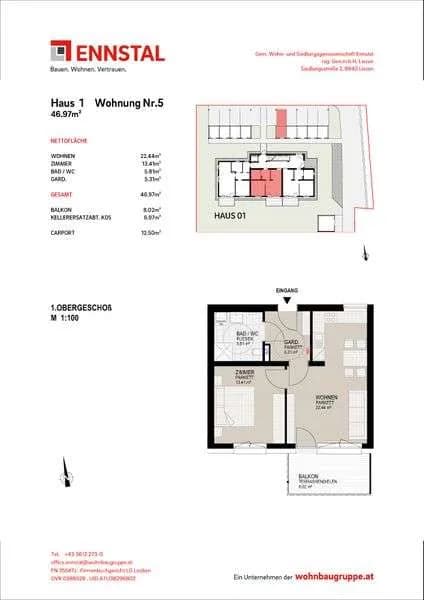2-Zimmer-Wohnung mieten in Leoben – 46,97 m², € 759 – Bild 2 von 2