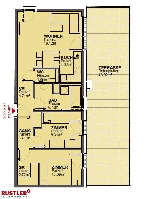 3-Zimmer-Wohnung mieten in Wien – 61,94 m², € 1.144