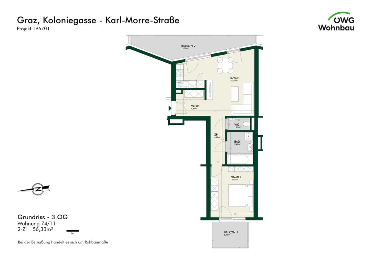 2-Zimmer-Wohnung mieten in Graz – 56,3 m², € 1.037 – Bild 5 von 5