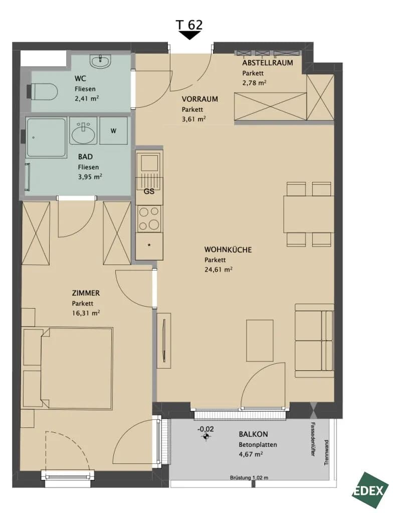 2-Zimmer-Wohnung mieten in Wien – 54 m², € 1.032 – Bild 13 von 13
