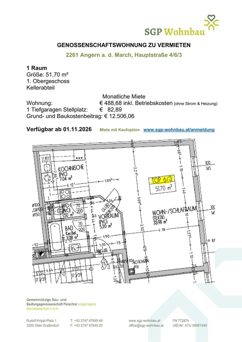 1-Zimmer-Wohnung mieten in Gänserndorf – 51,7 m², € 504