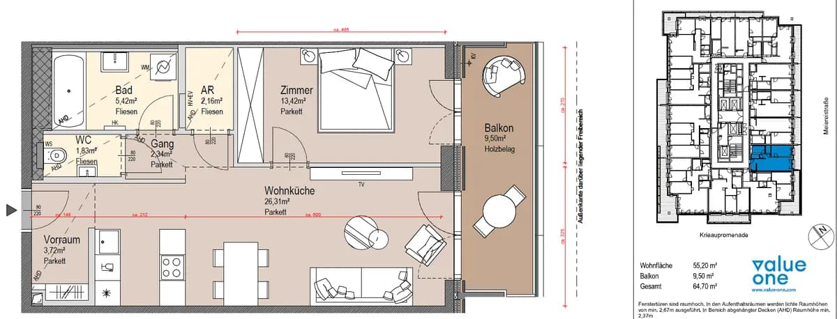 2-Zimmer-Wohnung mieten in Wien – 55 m², € 1.850 – Bild 3 von 16
