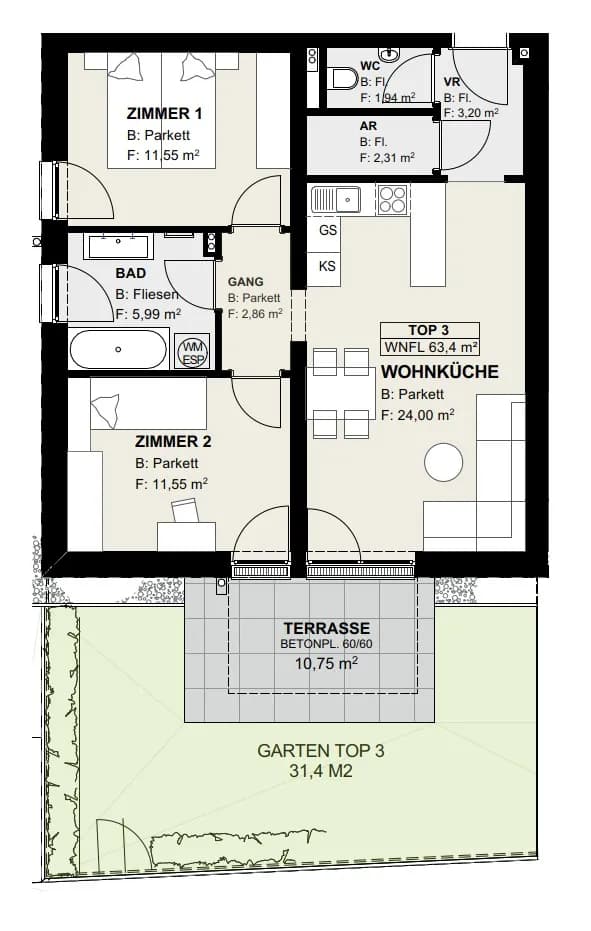 3-Zimmer-Wohnung mieten in Neunkirchen – 64 m², € 963 – Bild 3 von 13