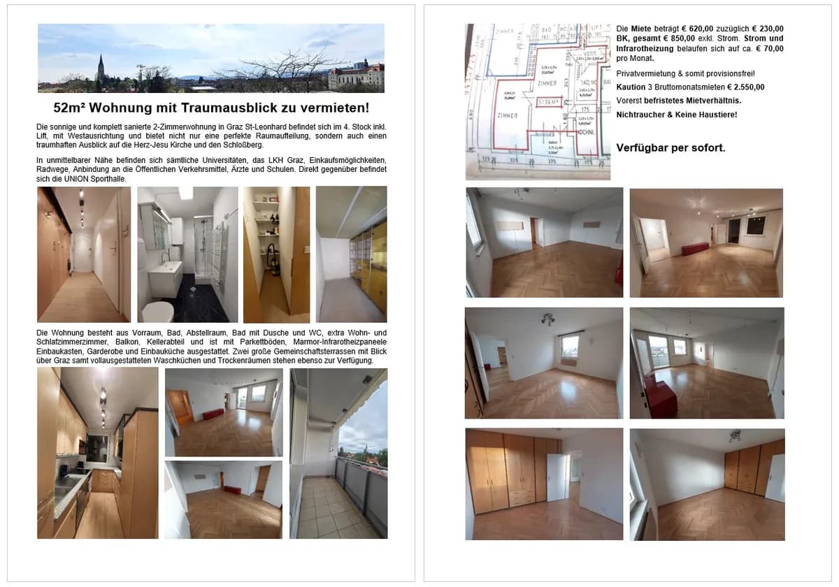 2-Zimmer-Wohnung mieten in Graz – 52 m², € 850 – Bild 1 von 19