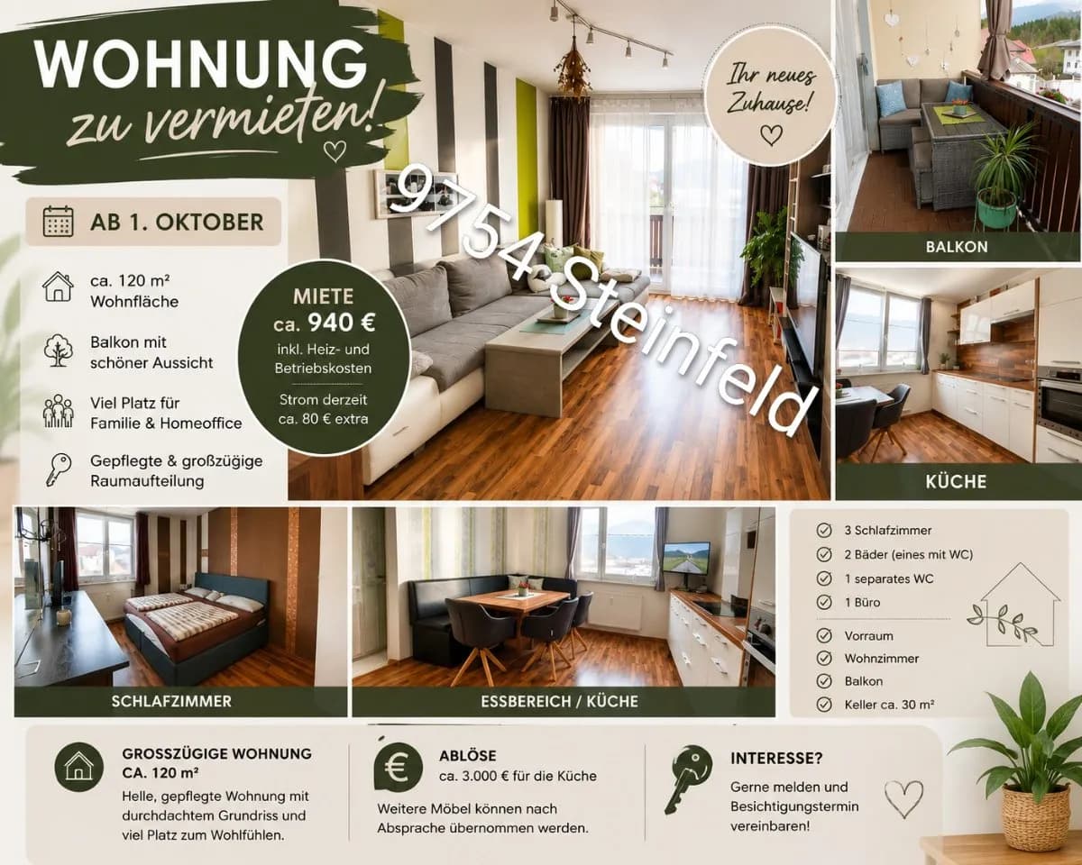 6-Zimmer-Wohnung mieten in Spittal an der Drau – 120 m², € 940 – Bild 1 von 13