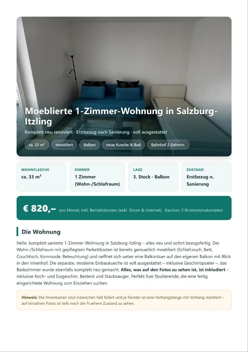 1-Zimmer-Wohnung mieten in Salzburg Stadt – 33 m², € 820